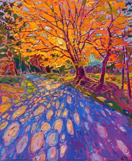 Colorful autumn landscape painting with bright trees and dappled light on a path