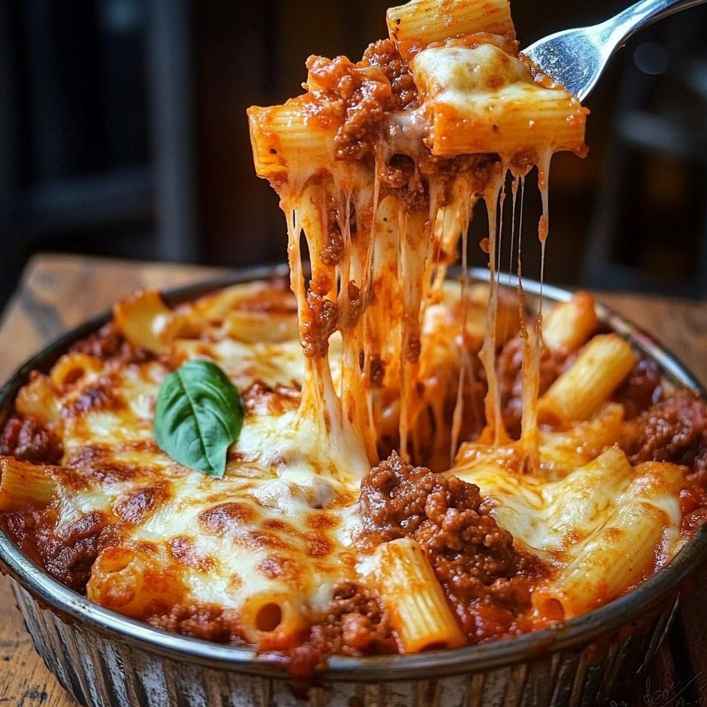 Baked rigatoni with meat sauce and melted cheese lifted from a casserole dish