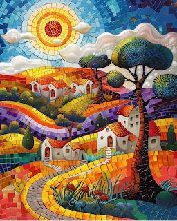 Colorful mosaic art showing village with rainbow hills, white houses, stylized trees and decorative sun
