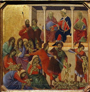 Medieval painting showing soldiers attacking mothers and children while a king watches from his throne