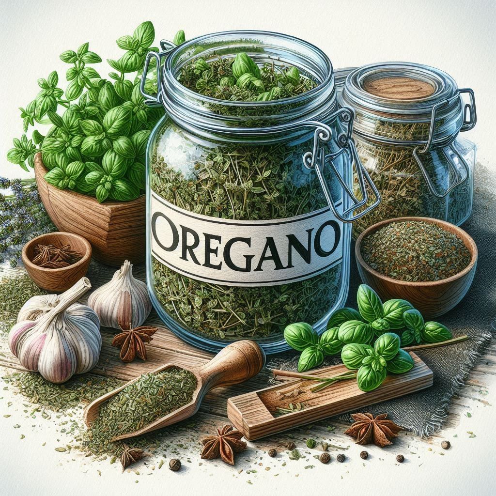 Large glass jar labeled OREGANO with dried herbs, fresh basil, garlic, and spices arranged on a wooden counter
