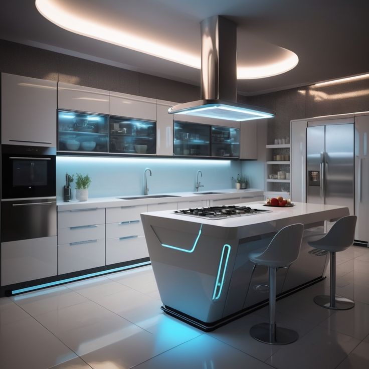 Futuristic kitchen with glowing LED lights, white cabinets, curved ceiling, and modern island with blue illumination