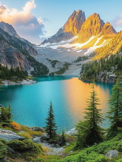 Turquoise alpine lake surrounded by mountains and evergreen trees at sunset