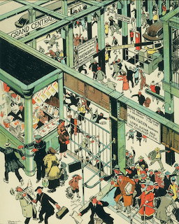 Vintage illustration of crowded subway station with many people on platforms and stairs