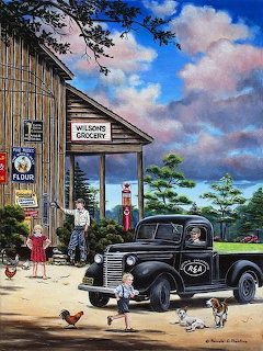 Painting of a vintage rural grocery store with black truck, children, roster, dogs, and gas pump
