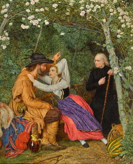 Painting of three figures in a forest garden under flowering branches