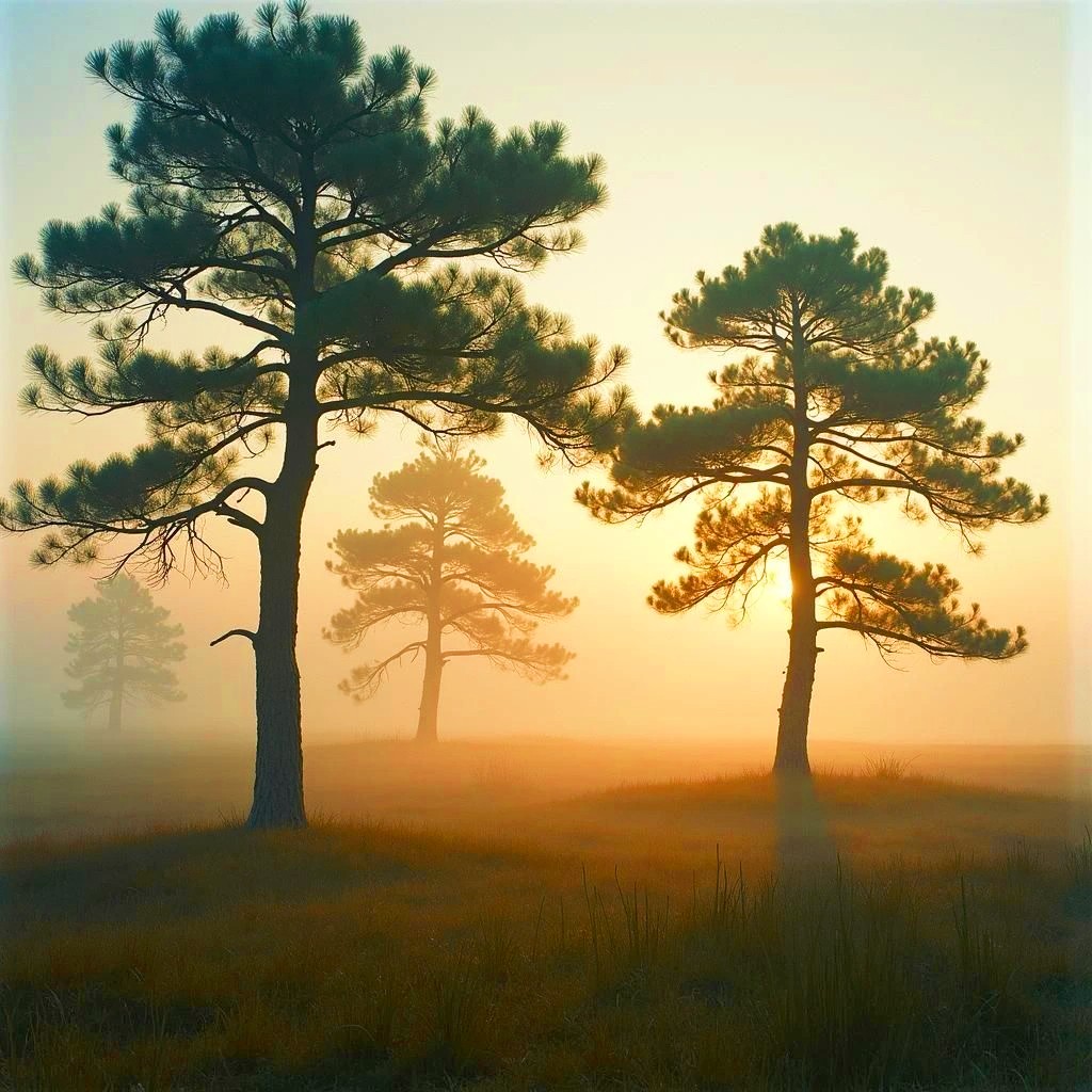 Pine trees in misty golden sunrise light over grass field