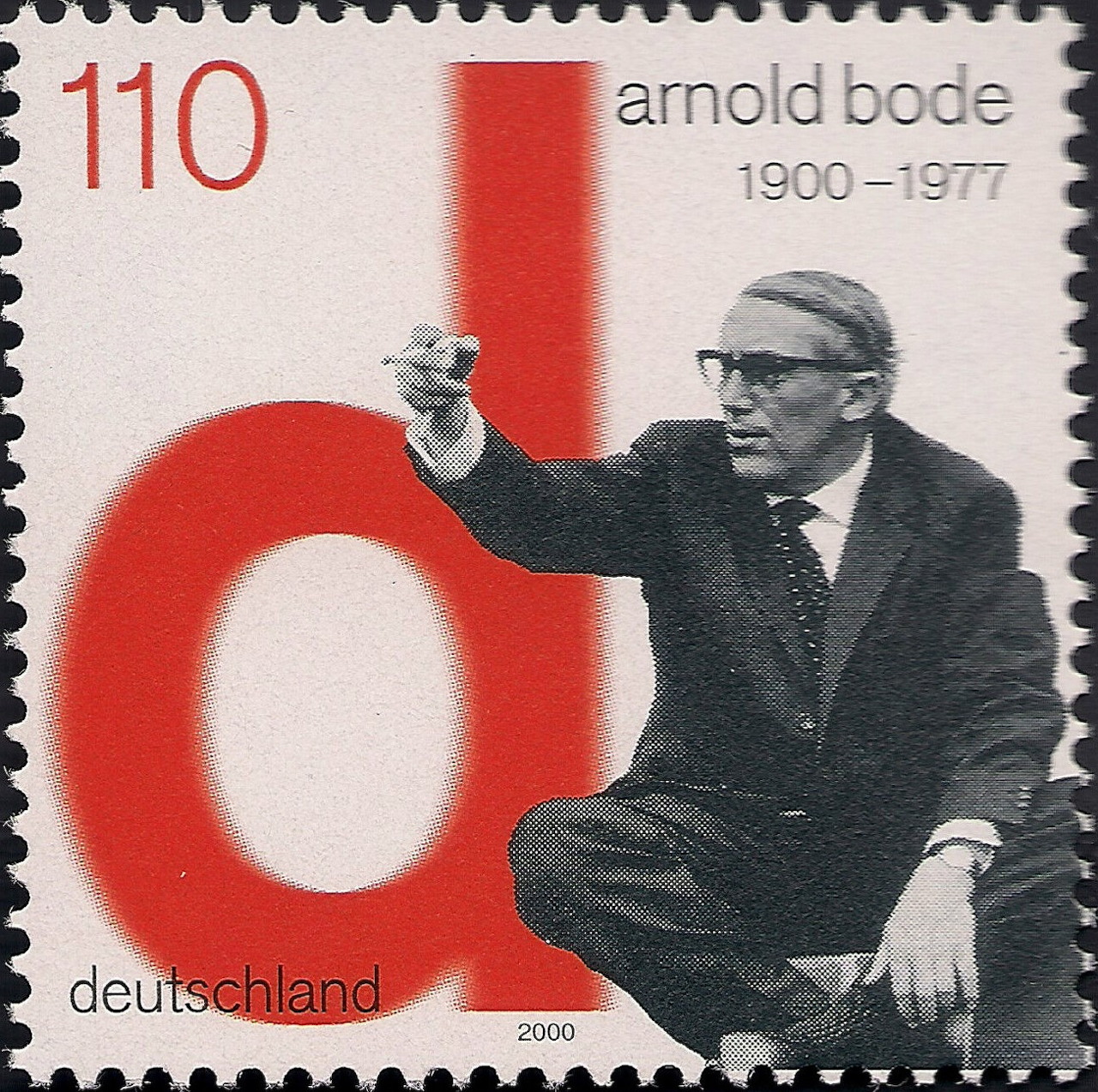German postage stamp showing Arnold Bode seated with red graphic design and 110 denomination