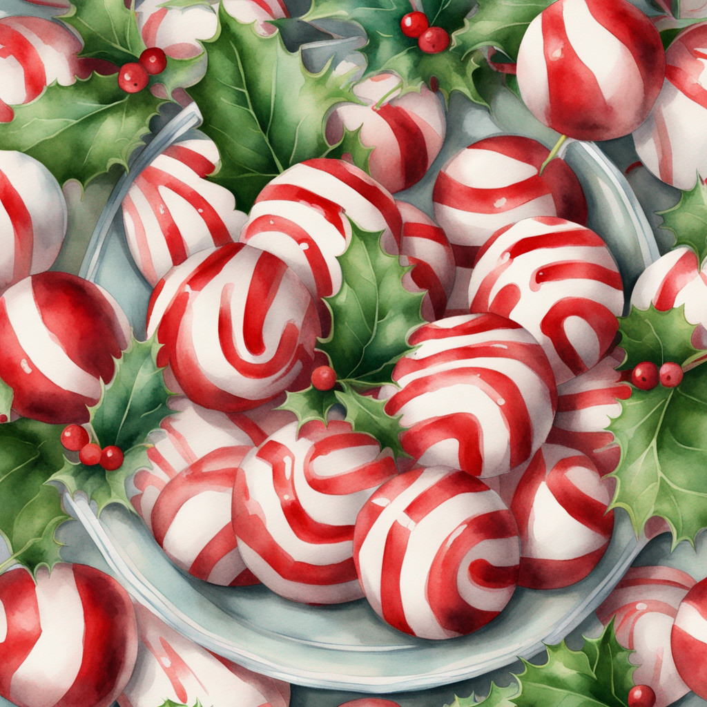 Red and white striped peppermint candies with green leaves and berries on a white plate