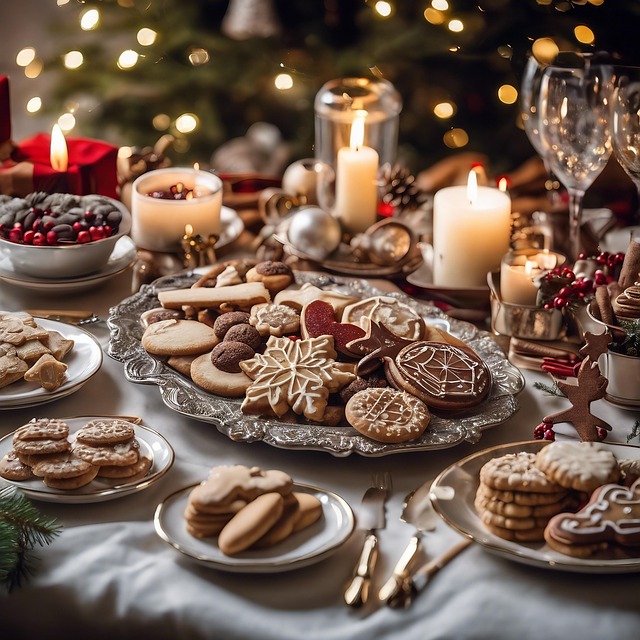 Festive Christmas table with decorated cookies, candles, cranberries, and glasses