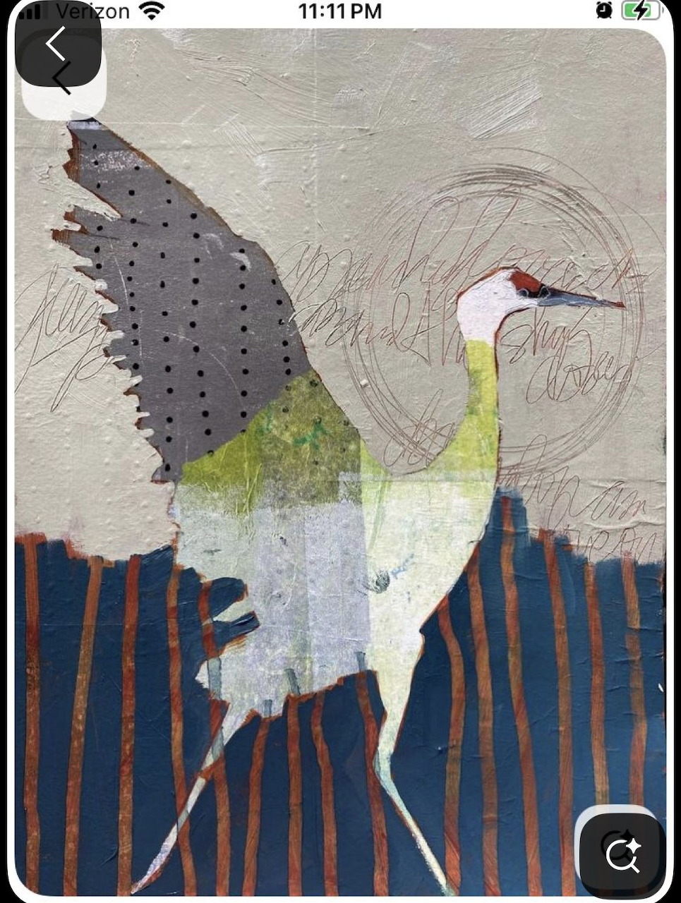 Mixed-media illustration of a sandhill crane spreading its wings against a textured gray and blue background