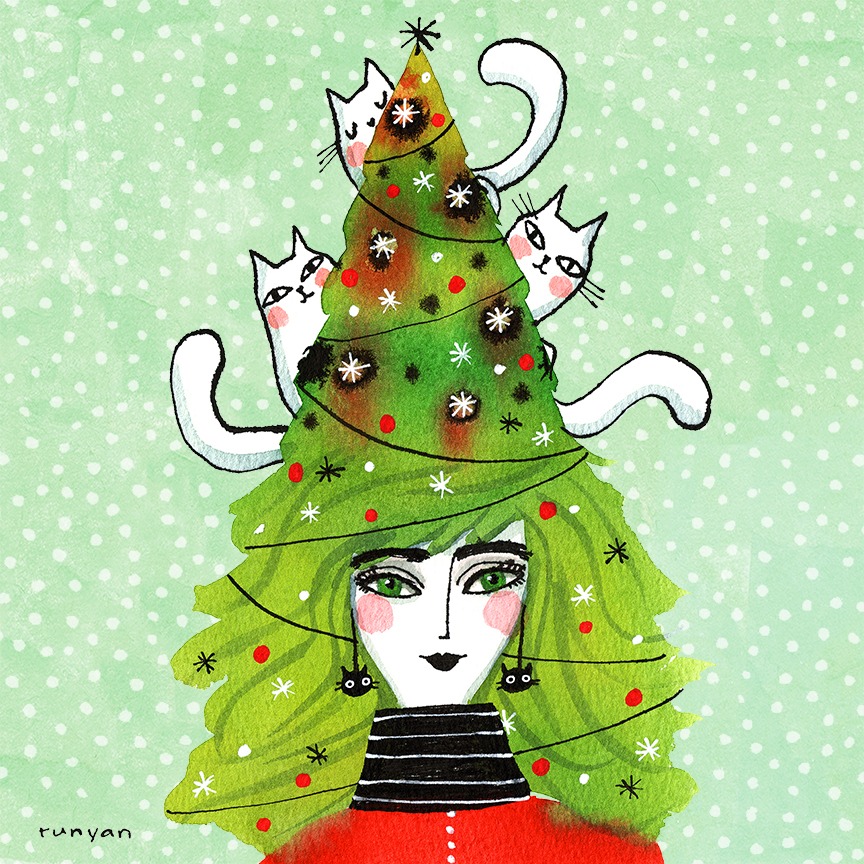 Woman with green Christmas tree hat decorated with ornaments and white cats climbing on it