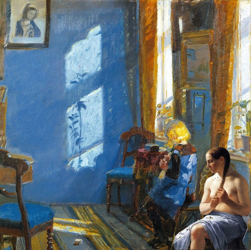 Impressionist painting showing two people in a sunlit blue room with window light casting dramatic shadows