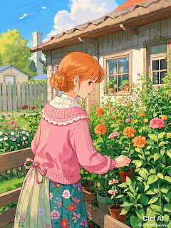 Anime girl with orange hair in pink sweater watering flowers in a cottage garden