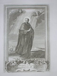 Antique engraving of a robed saint with divine light rays and cherubs above in ornamental frame