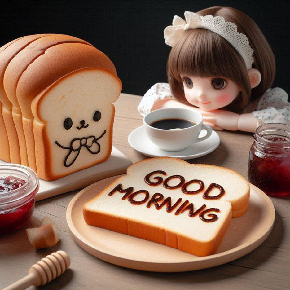 Doll sitting at breakfast table with toast showing Good Morning text, coffee cup, jam jars, and smiling bread character