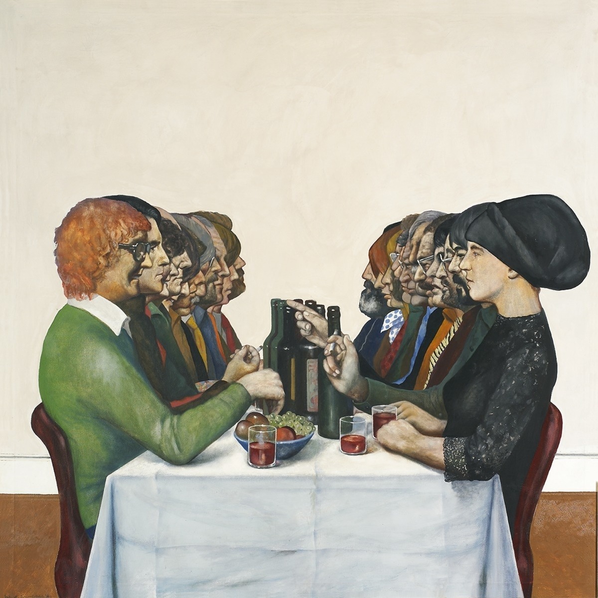 Painting of people in formal attire dining together at a table with wine and food