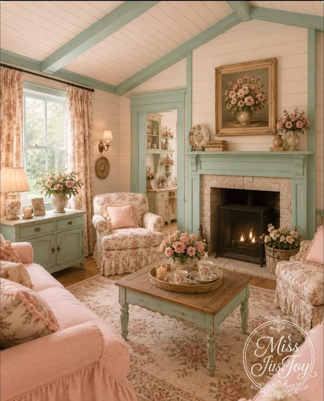 Cozy pastel cottage living room with floral chairs, fireplace, coffee table, and window light