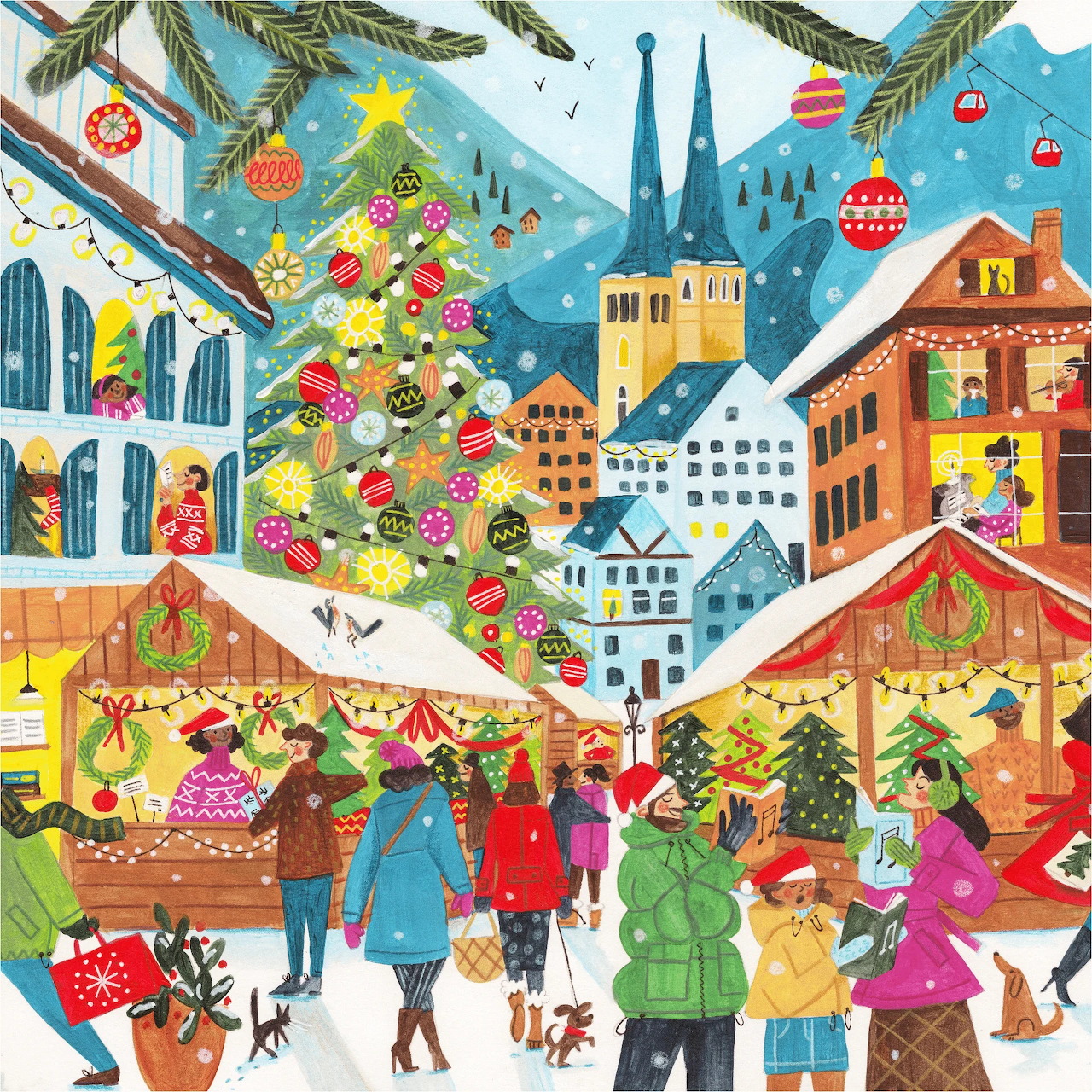 Colorful illustration of a bustling Christmas market with people shopping at stalls, a decorated tree, and buildings