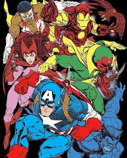 Marvel Comics Avengers team illustration with Captain America, Iron Man, Scarlet Witch, Vision, Falcon, and Beast