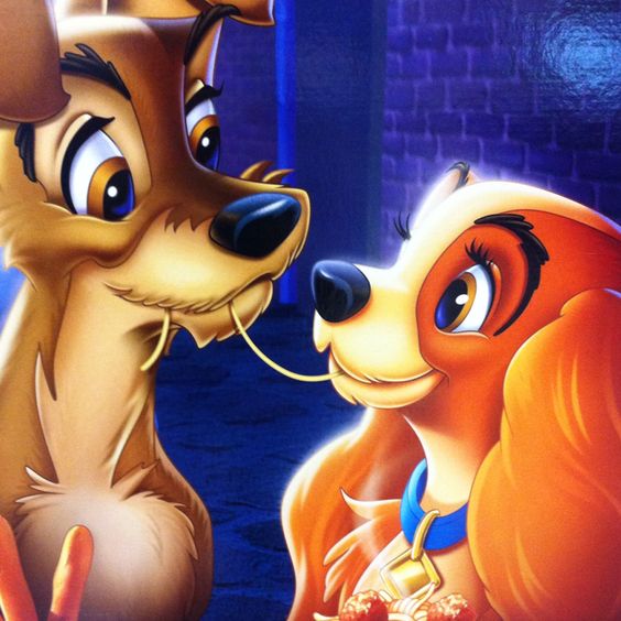 Cartoon dogs Lady and Tramp sharing spaghetti in a nighttime close-up