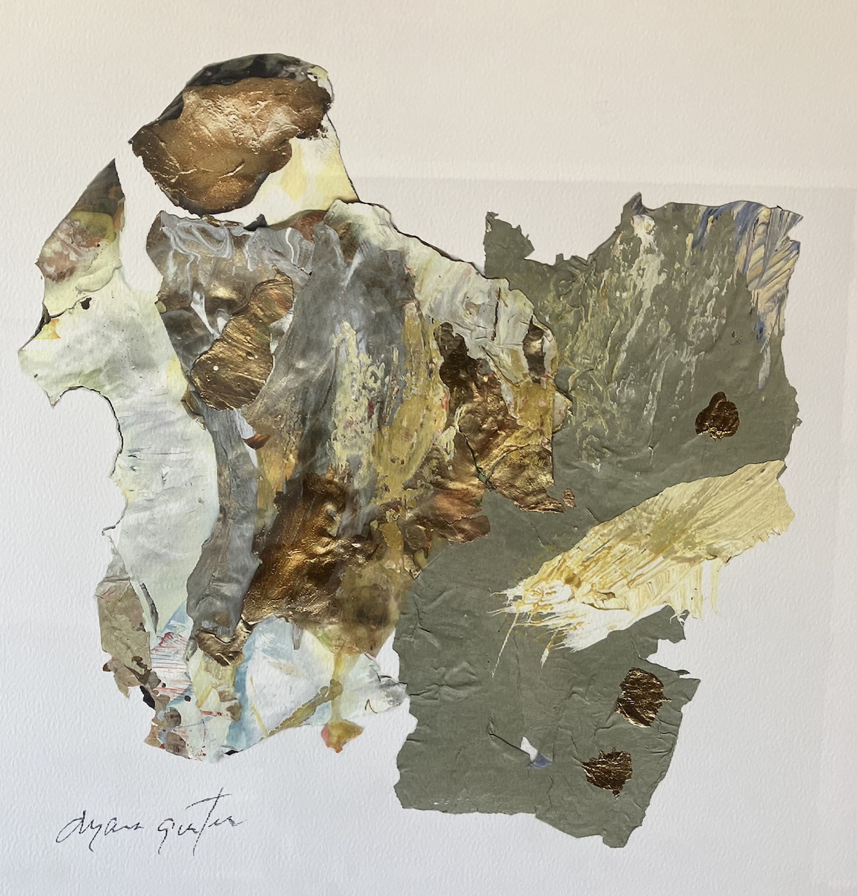 Abstract painting of layered textured shapes in gray, beige, brown, and white on a white background