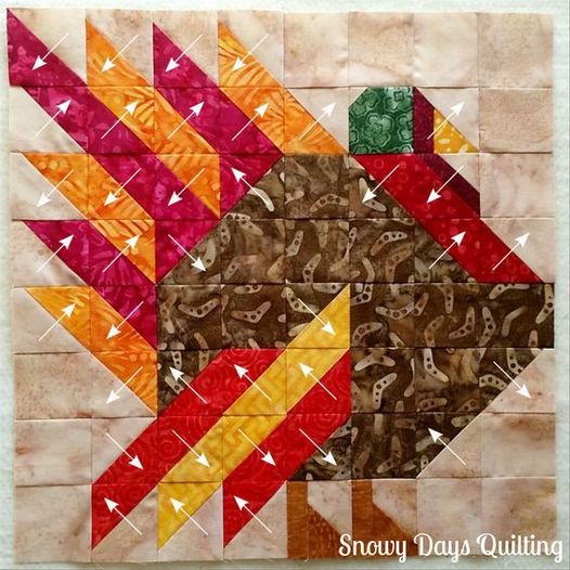 Patchwork quilt block in the shape of a turkey with colorful triangular fabric pieces