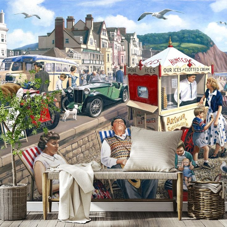 Elderly couple relaxing on bench at vintage seaside promenade with ice cream stand and seagulls