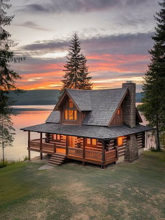 Log cabin with glowing windows on lake shore at sunset with pink sky and evergreen trees
