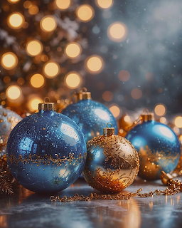 Blue and gold glittery Christmas ornaments with soft bokeh lights