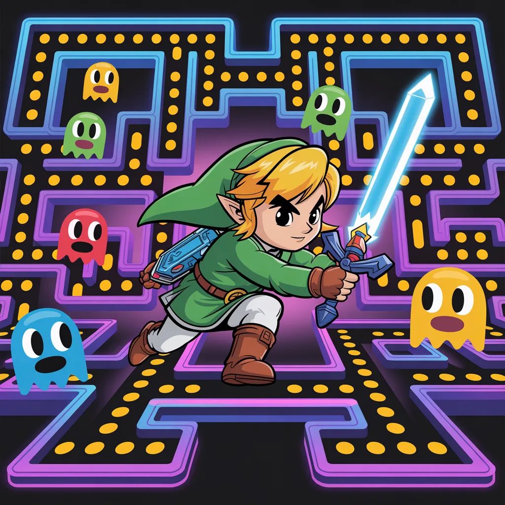 Link character with sword in purple Pac-Man maze with colorful ghosts