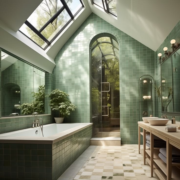 Luxurious green-tiled bathroom with skylights, bathtub, arched glass shower door, and wooden vanity