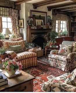 Cozy living room with floral chairs, striped sofa, fireplace, and patterned rug