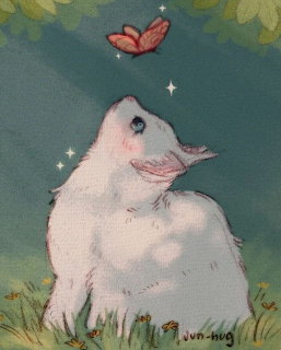 Illustrated white cat sitting in grass gazing up at a red butterfly with sparkles around it