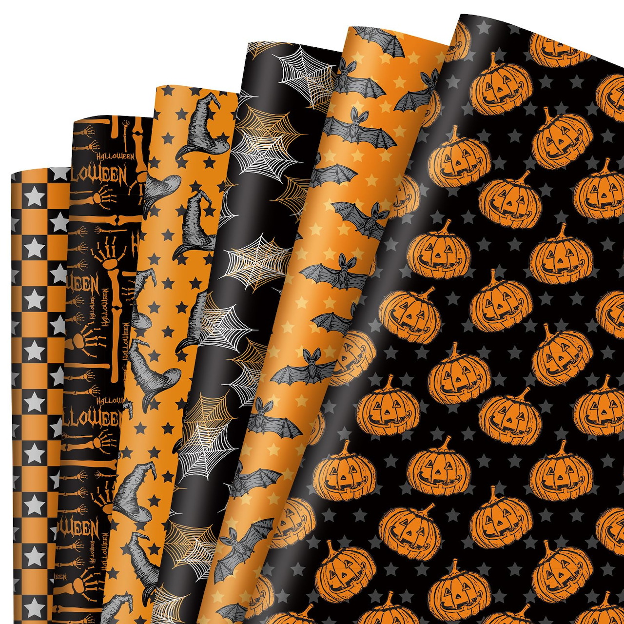 Five black and orange Halloween wrapping paper rolls with pumpkins, bats, stars, and spiderwebs