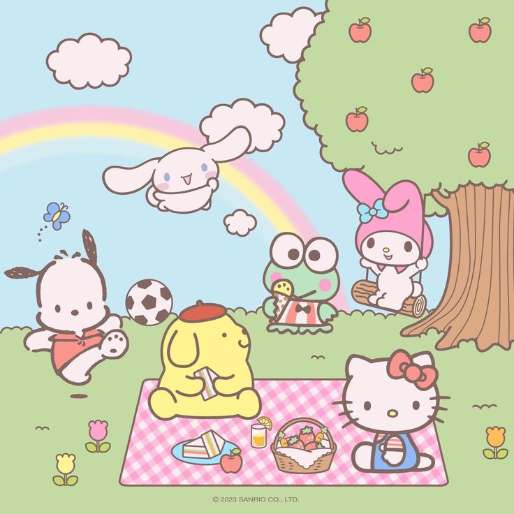Sanrio characters having a picnic on a blanket under a rainbow with an apple tree
