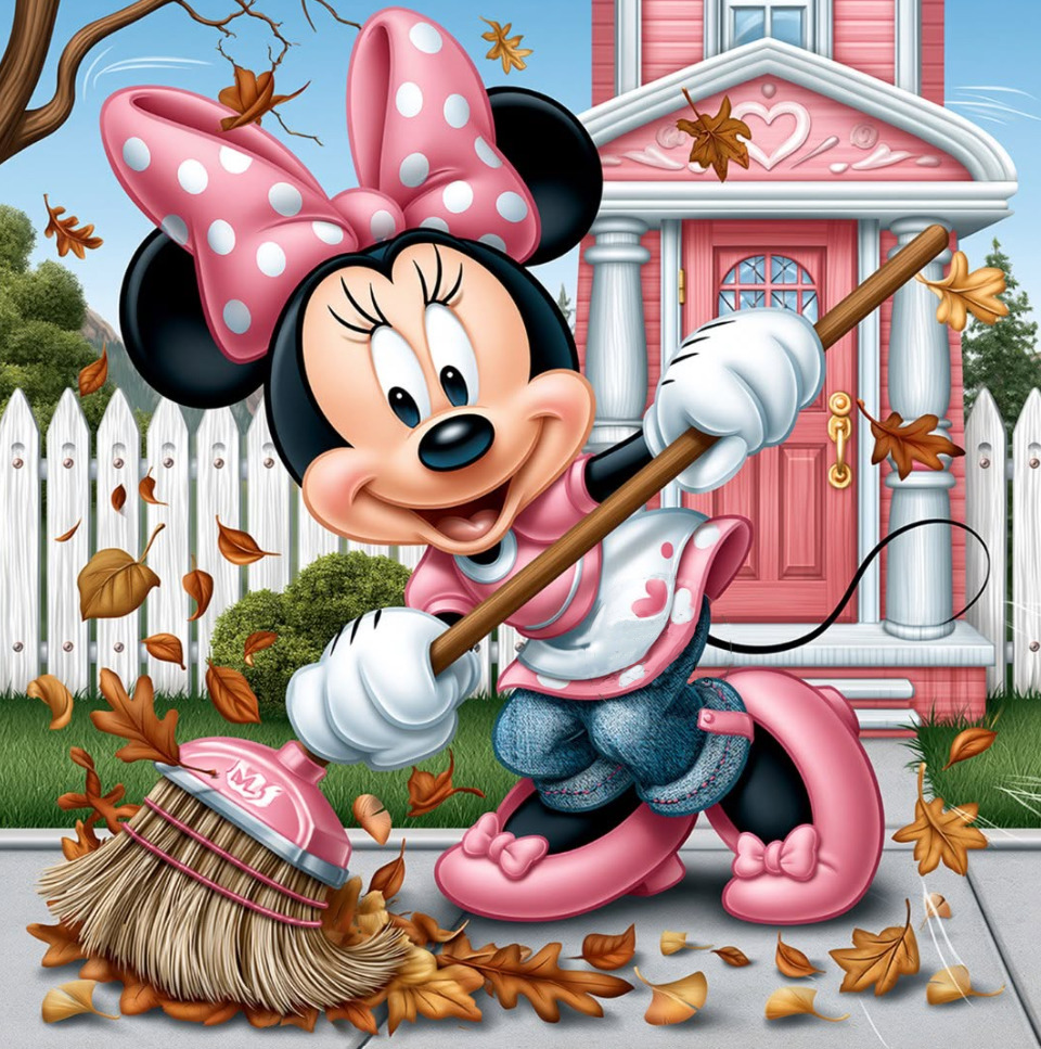 Minnie sweeping autumn leaves with a broom outside a pink house and white fence.