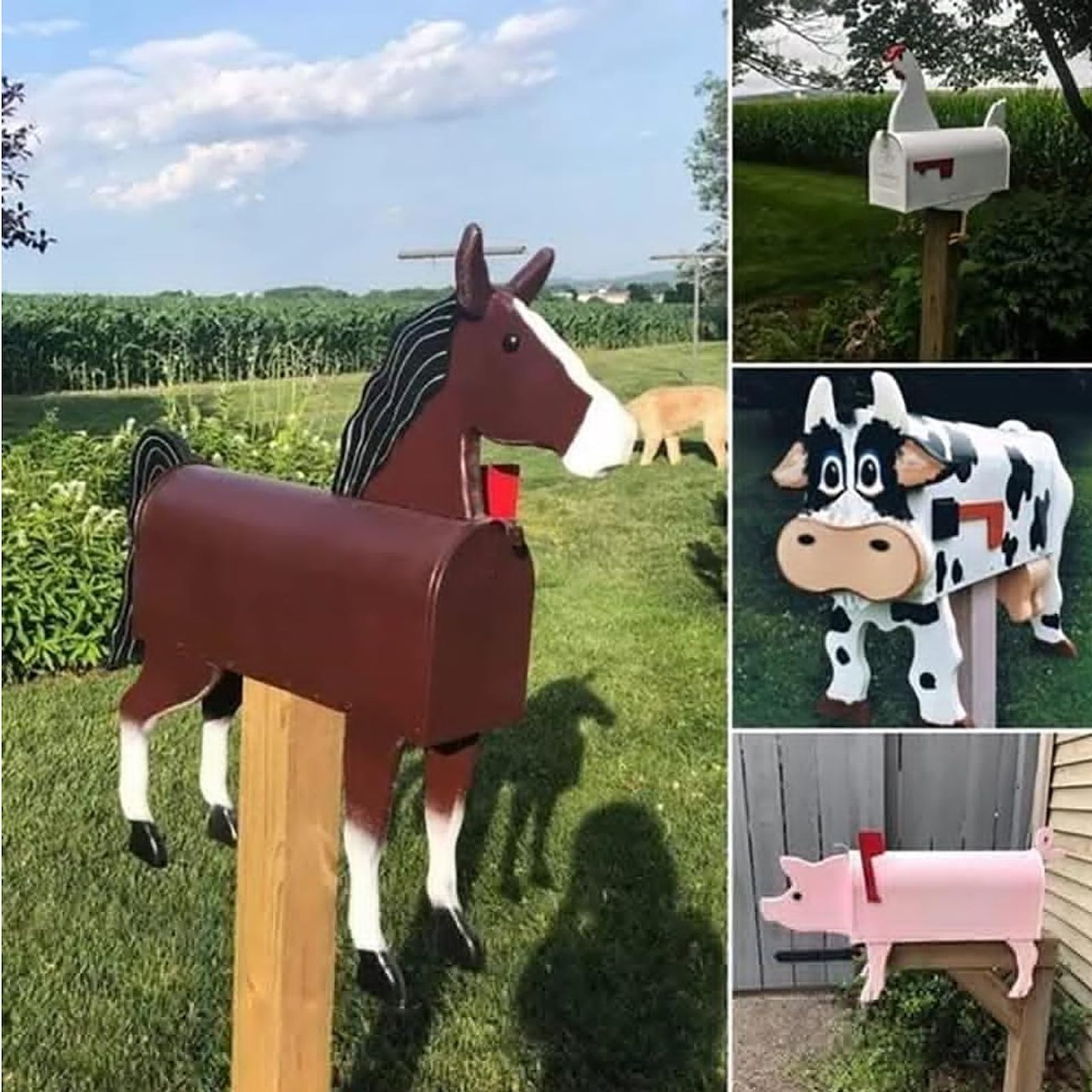 Collage of animal-shaped mailboxes including a horse, cow, and pig outdoors