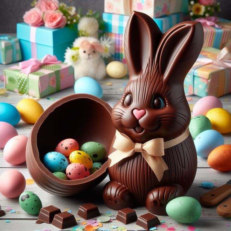 Chocolate Easter buny with bow next to open chocolate egg filled with colorful candy eggs and wrapped gifts
