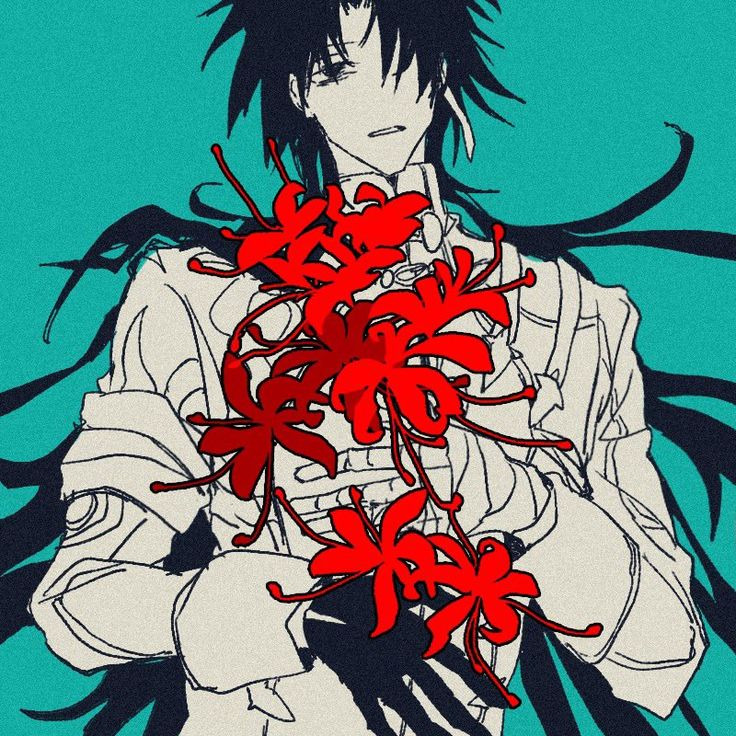 Anime boy with black hair holding red spider lilies on a turquoise background