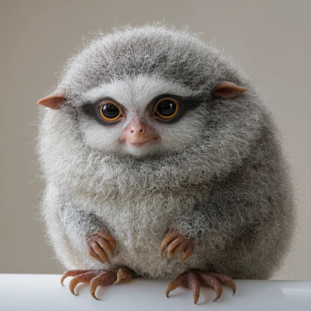 Fluffy gray baby bird with big eyes perched on a white surface