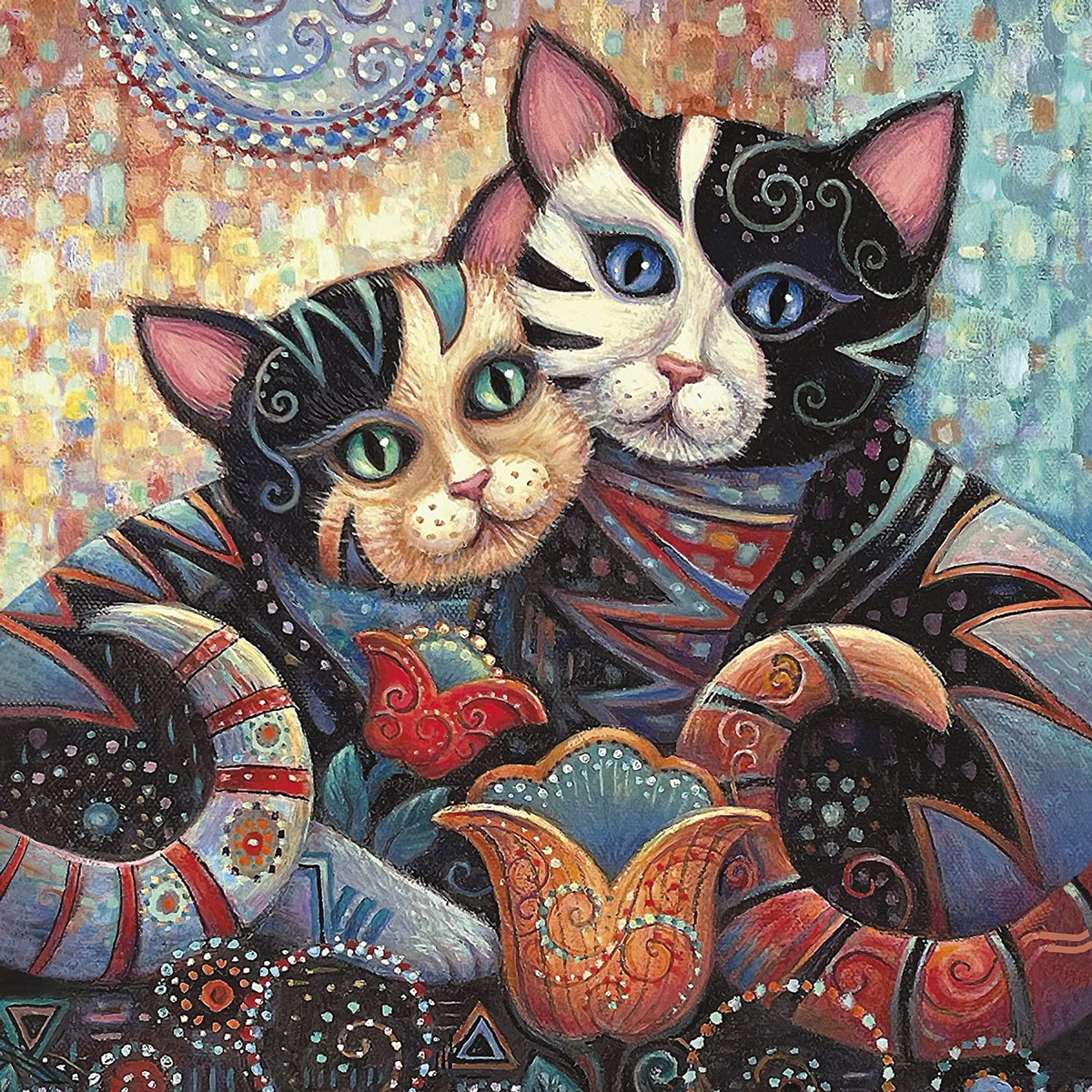 Colorful stylized painting of two patterned cats cuddling amid ornate swirls and mosaic designs
