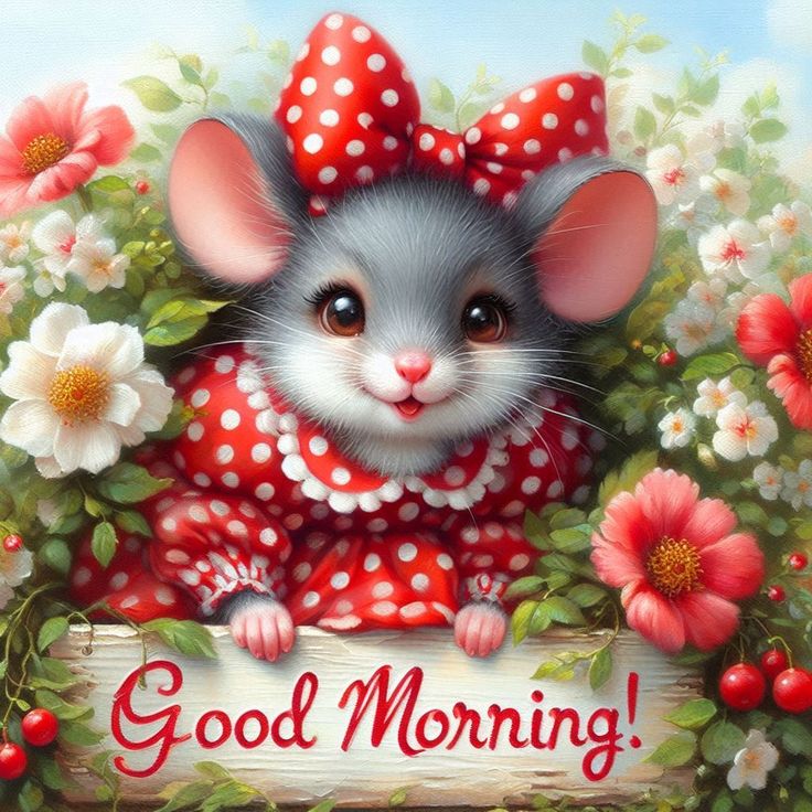 Adorable cartoon mouse in red polka dot outfit with flowers and Good Morning sign