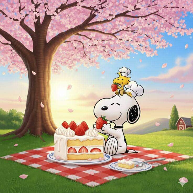 Snoopy sitting with Woodstock under pink cherry blossom tree, strawberry cake on picnic blanket in spring landscape