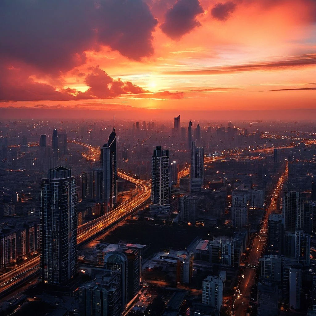 Aerial cityscape at sunset with lit highways and tall buildings under colorful sky