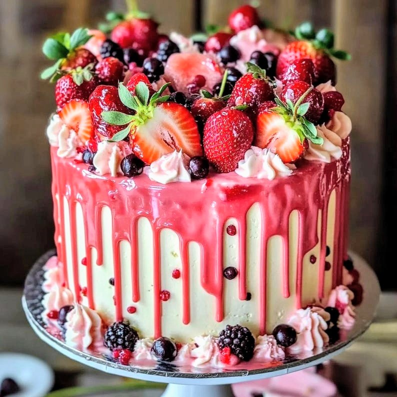 Cream cake with pink drip icing topped with strawberries, berries, and pink frosting swirls