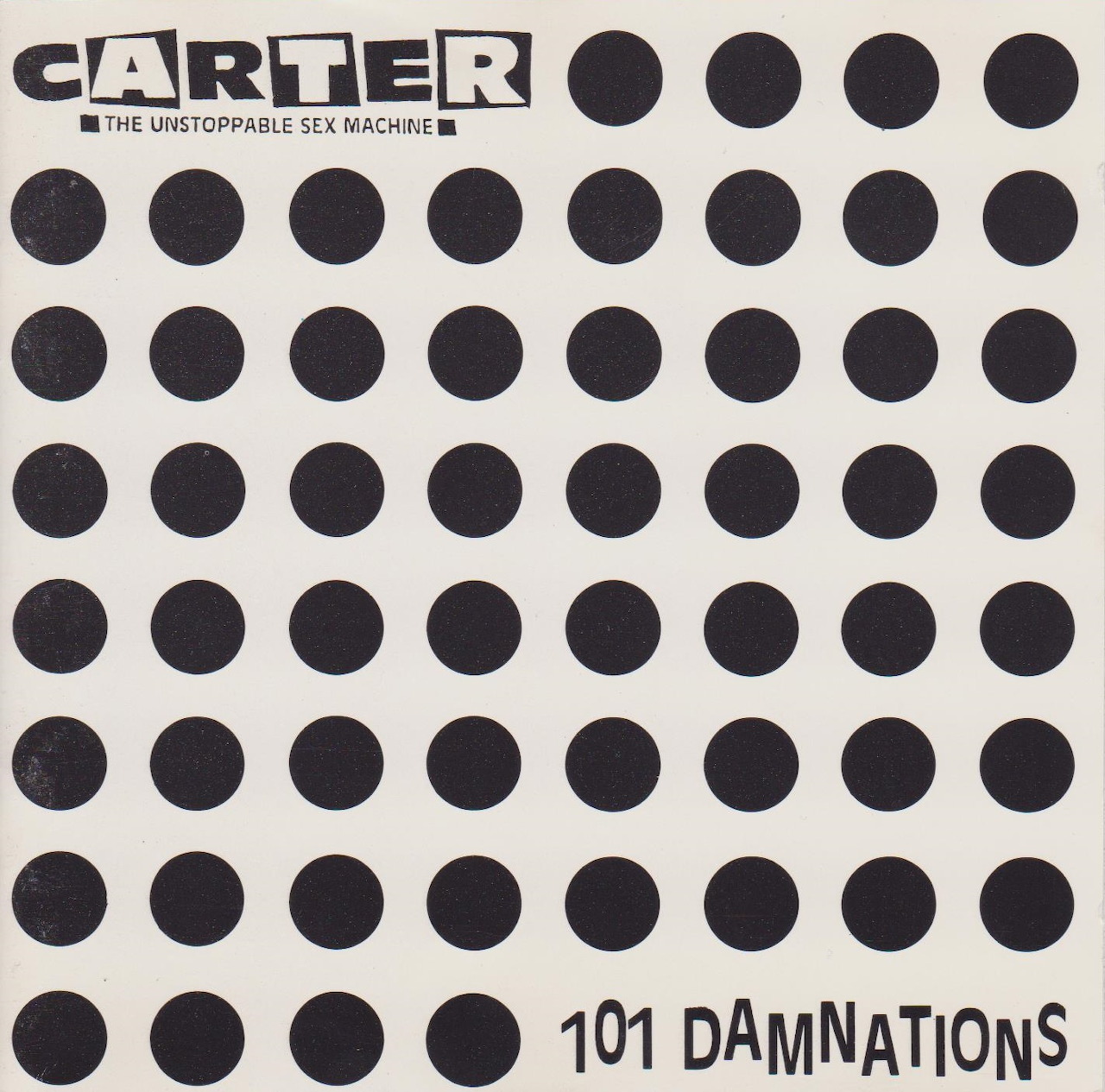 Black polka dots on a white album cover with Carter and 101 Damnations text