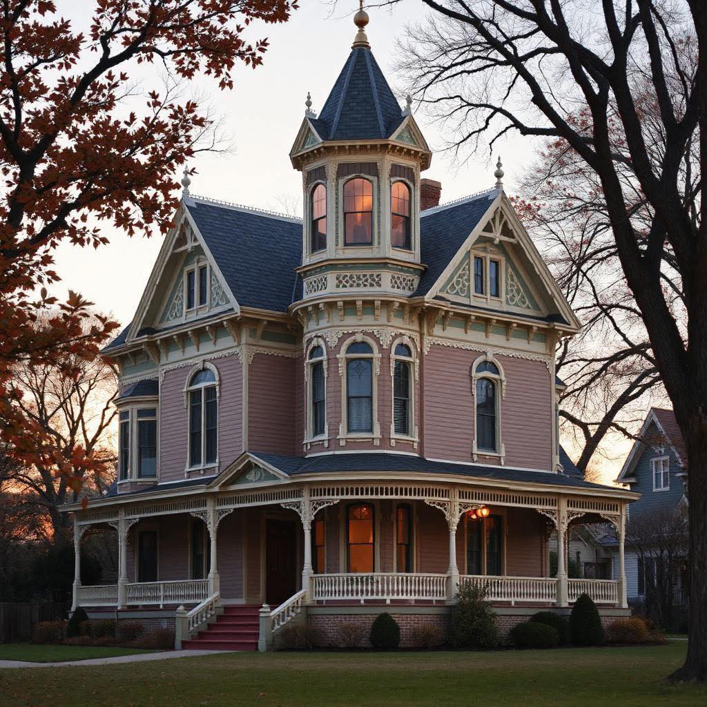 Pink Victorian mansion with tower and wraparound porch at dusk