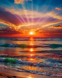 Colorful sunset over ocean with sun rays through clouds and waves breaking on shore