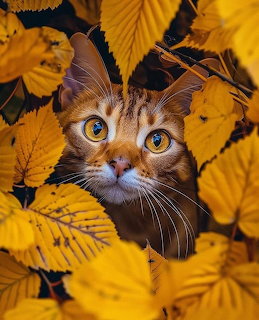 Tabby cat with yellow-green eyes surrounded by golden autumn leaves